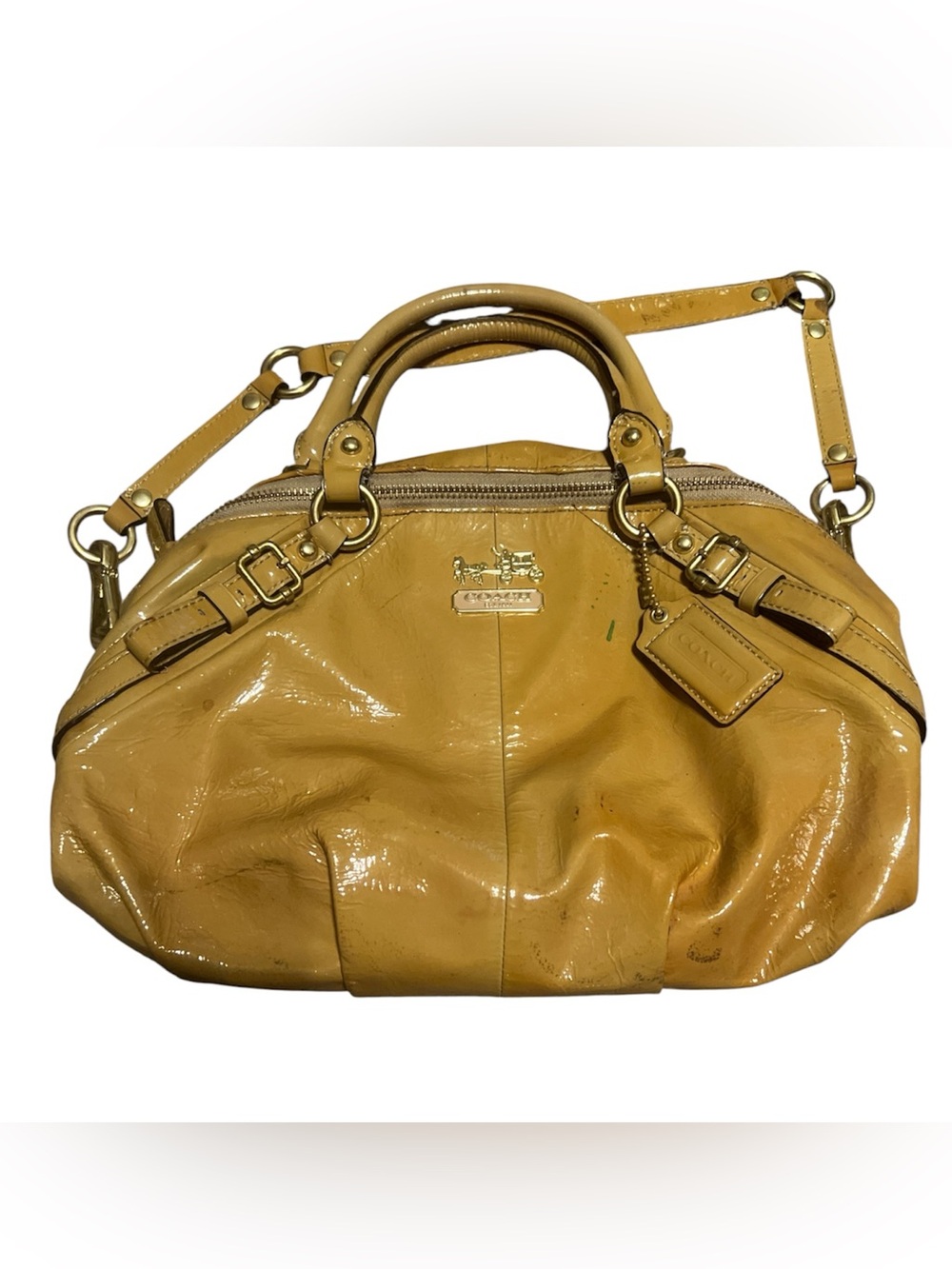 Coach Madison Glossy Patent Leather Shoulder Satchel in Mustard